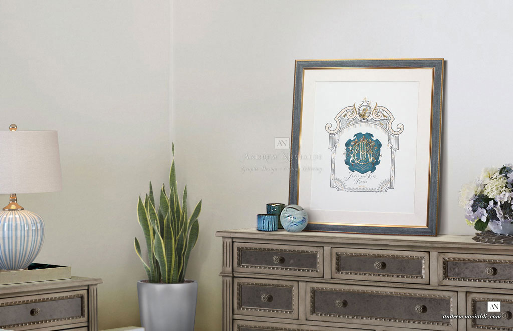 James Ehnes and Kate Family Monogram in Luxurious Blue Teal and Gold Frame in Bedroom Interior